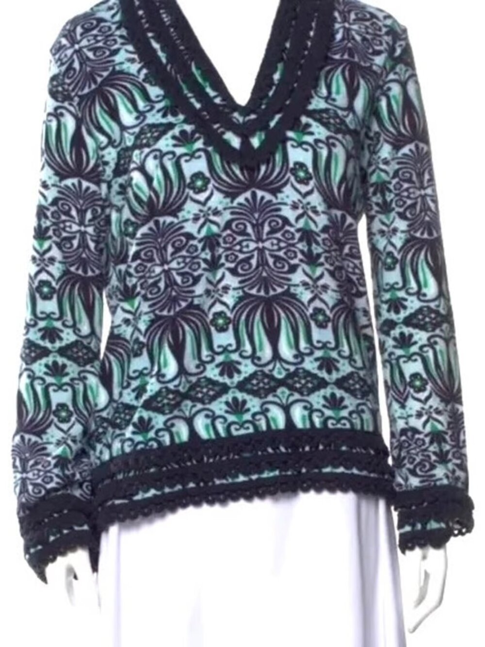 TORY BURCH~Terrycloth Cotton Printed Crochet Hooded Long Sleeve Coverup Top